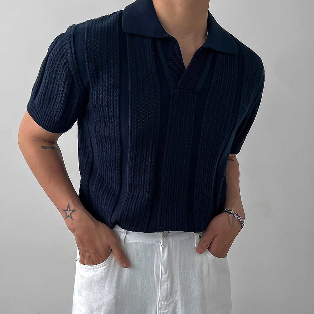 DARK BLUE KNITTED POLO T-SHIRT