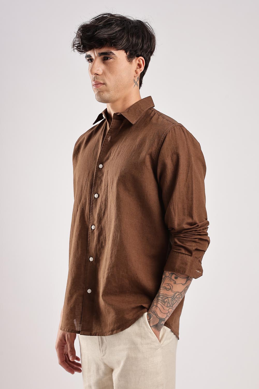 BROWN LINEN BLEND SHIRT