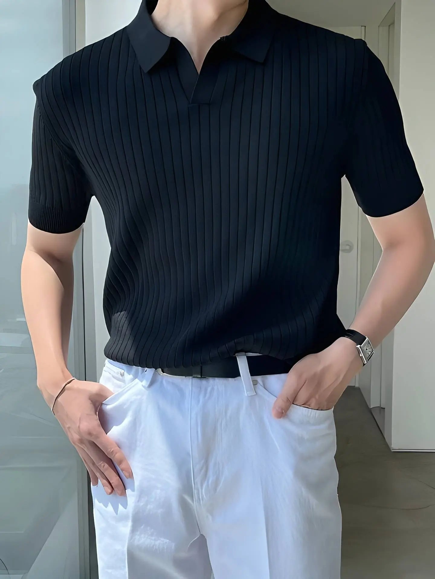 STRIPED BLACK POLO T-SHIRT